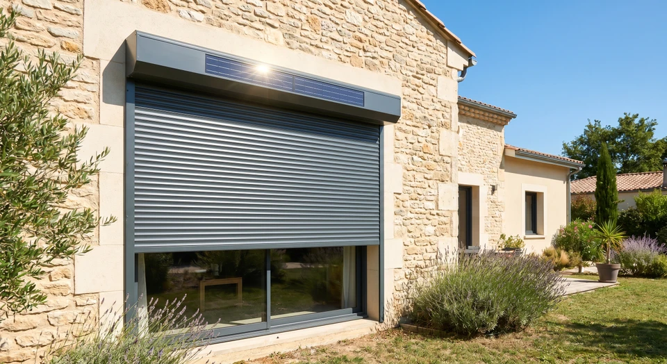 Volet roulant motorisé gris-anthracite ou brun foncé installé sur la façade externe d'une maison résidentielle moderne ou traditionnelle, photographié en lumière naturelle du jour. Le volet doit être clairement visible et bien positionné sur une fenêtre. On peut distinguer légèrement le panneau photovoltaïque intégré en haut du volet, exposé à la lumière du jour. L'image doit transmettre l'autonomie technologique et l'intégration esthétique du produit dans l'habitat.
