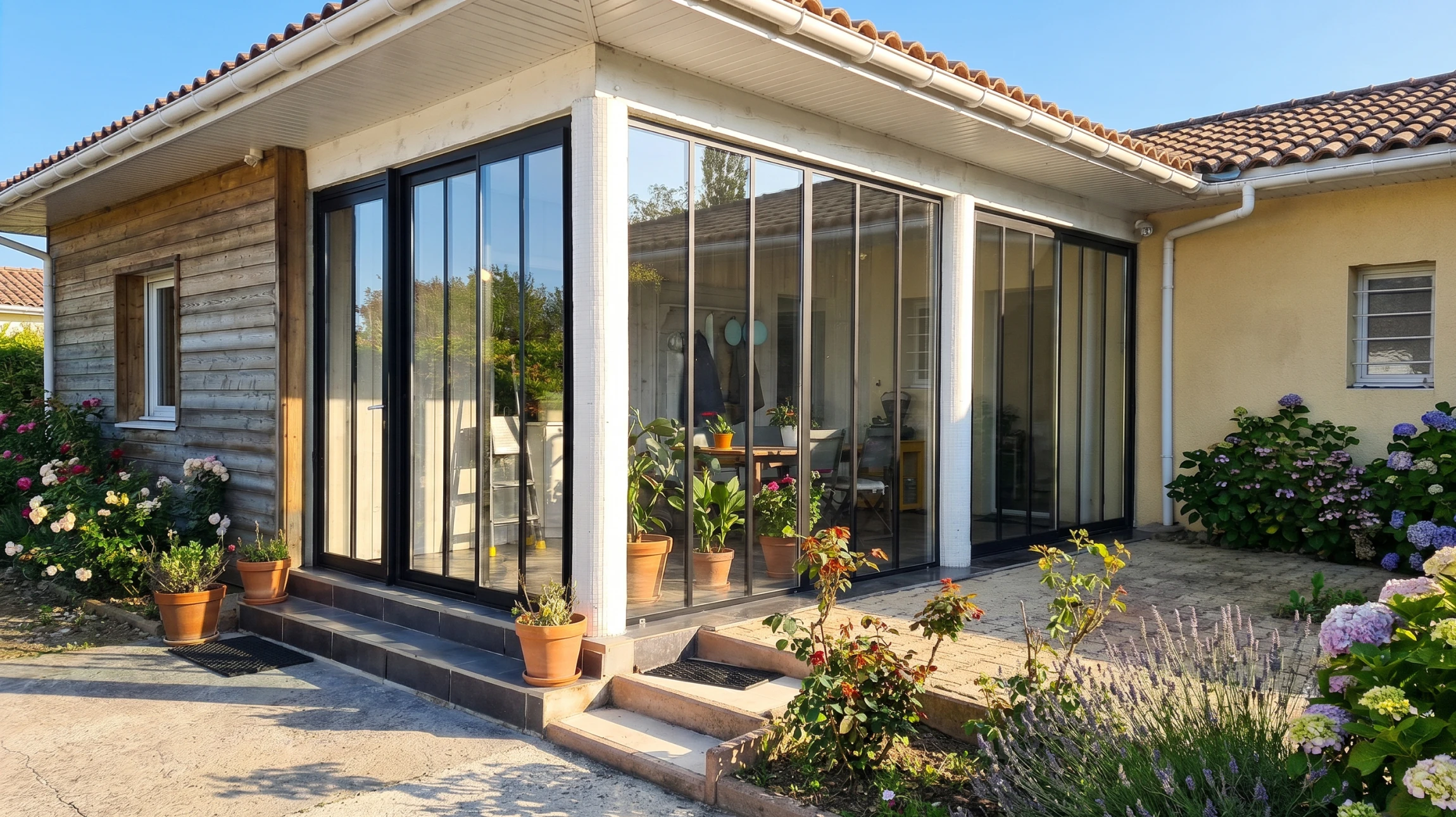Salle à manger moderne avec baies vitrées panoramiques donnant sur terrasse et piscine