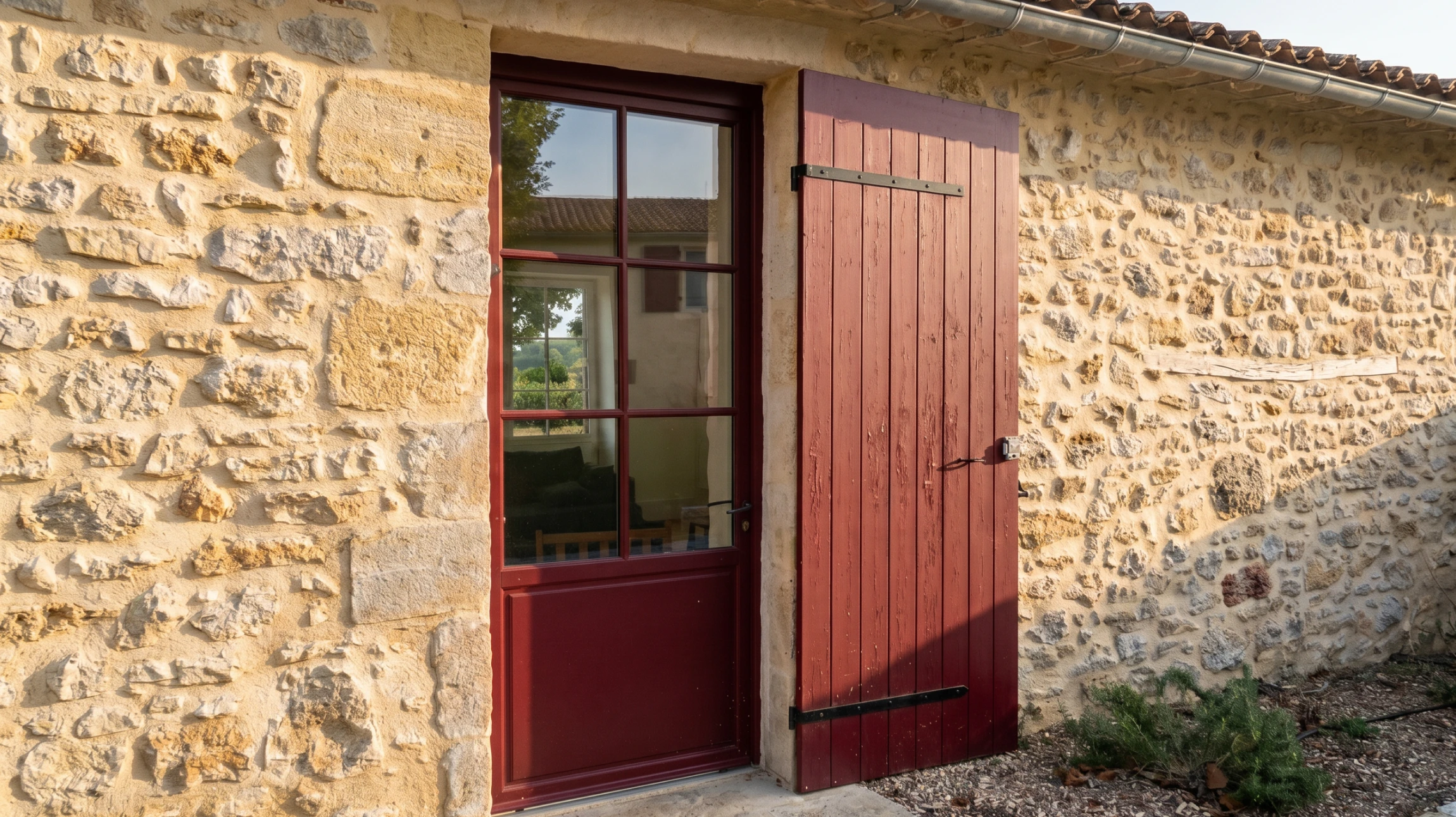 Entrée extérieure d'habitation avec porte en bois peinte anthracite équipée d'un heurtoir décoratif en fer forgé
