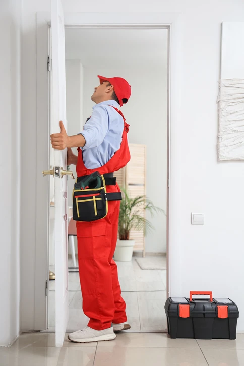 Artisan menuisier qualifié en train de poser une porte d'entrée en bois ou aluminium dans une ouverture résidentielle. L'image montre le professionnel maniant des outils appropriés (niveau, tournevis, etc.) avec précision, en cours d'installation. La scène doit mettre l'accent sur le savoir-faire d'installation d'une menuiserie de qualité, dans un contexte de chantier professionnel résidentiel. La porte doit être clairement visible comme étant en cours de pose, avec le professionnel concentré sur son travail.